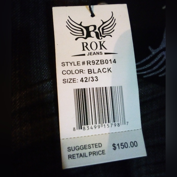 ROK Designer Demin Jeans Style#R9ZB014 Men's 42/33 Black - Picture 11 of 12